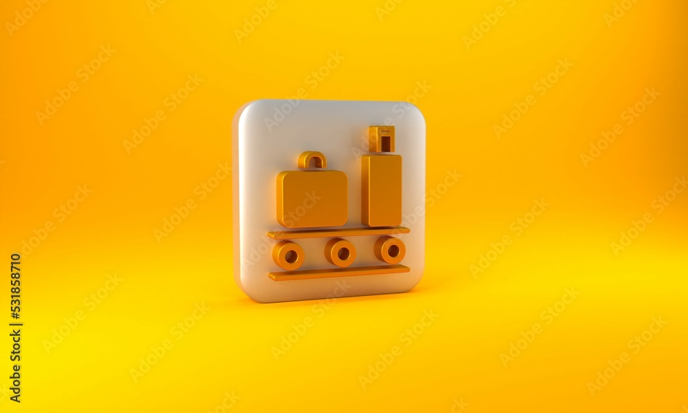 Gold Airport conveyor belt with passenger luggage, suitcase, bag, baggage icon isolated on yellow ba