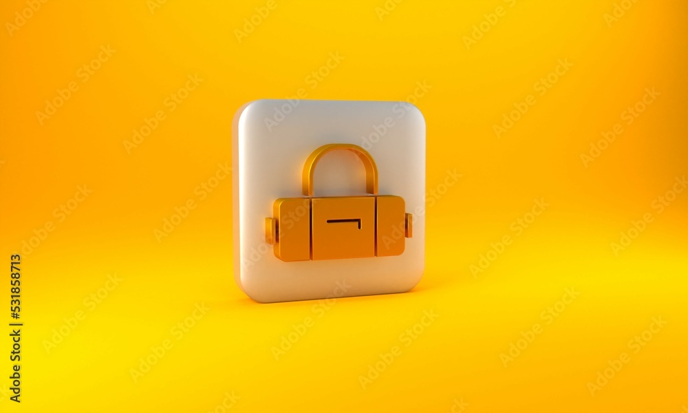 Gold Suitcase for travel icon isolated on yellow background. Traveling baggage sign. Travel luggage 