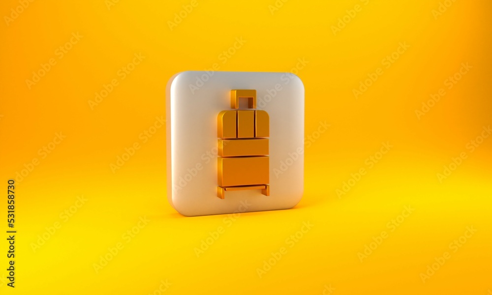 Gold Suitcase for travel icon isolated on yellow background. Traveling baggage sign. Travel luggage 