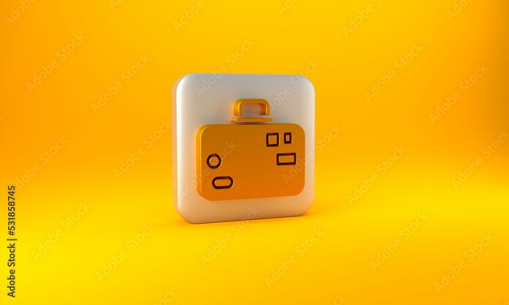 Gold Suitcase for travel icon isolated on yellow background. Traveling baggage sign. Travel luggage 