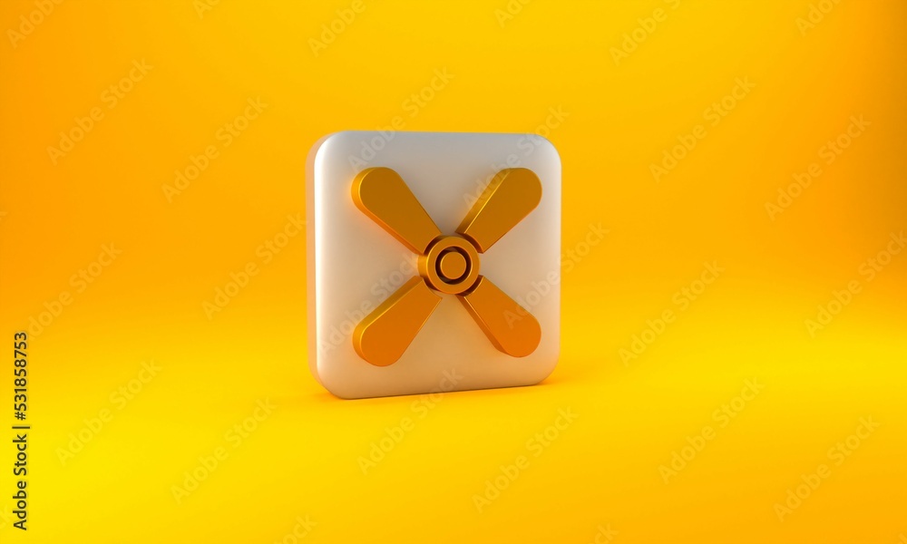 Gold Plane propeller icon isolated on yellow background. Vintage aircraft propeller. Silver square b