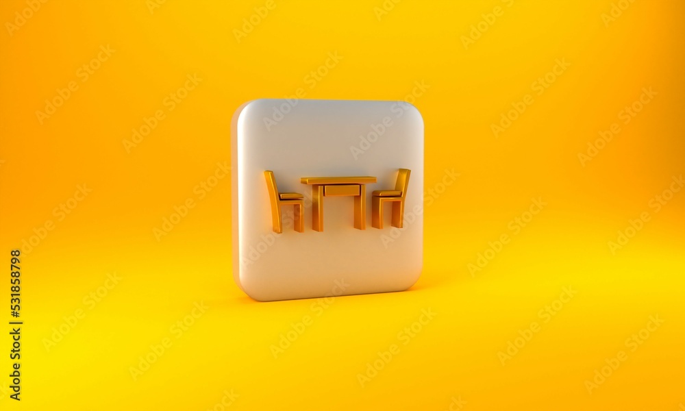 Gold Wooden table with chair icon isolated on yellow background. Silver square button. 3D render ill