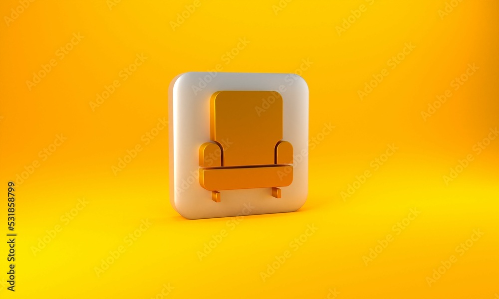 Gold Armchair icon isolated on yellow background. Silver square button. 3D render illustration