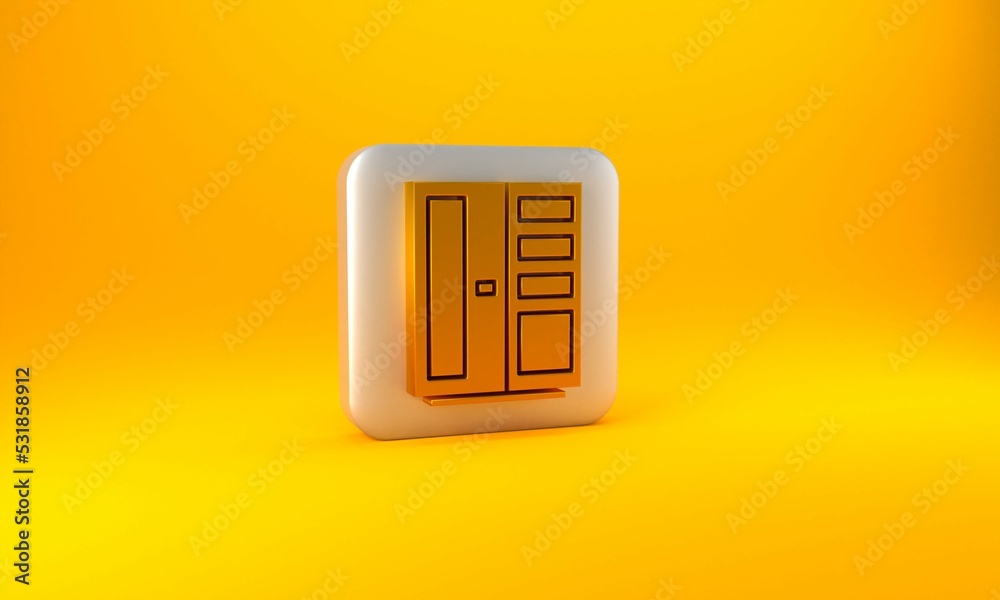 Gold Wardrobe icon isolated on yellow background. Silver square button. 3D render illustration