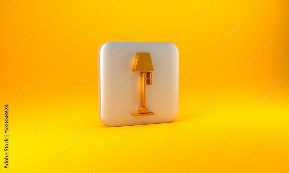 Gold Floor lamp icon isolated on yellow background. Silver square button. 3D render illustration