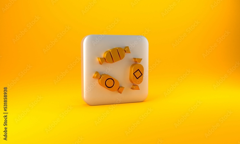 Gold Candy icon isolated on yellow background. Silver square button. 3D render illustration