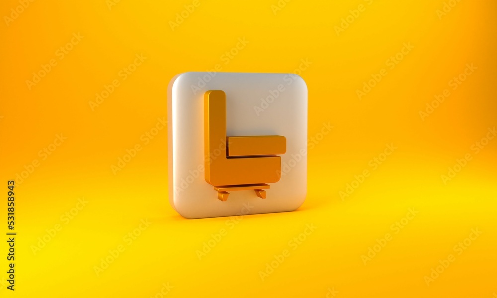 Gold Armchair icon isolated on yellow background. Silver square button. 3D render illustration