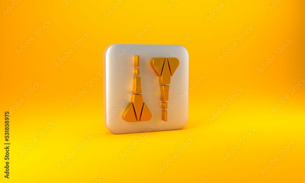 Gold Dart arrow icon isolated on yellow background. Silver square button. 3D render illustration