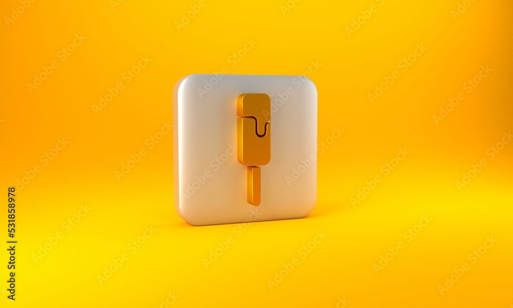 Gold Ice cream icon isolated on yellow background. Sweet symbol. Silver square button. 3D render ill