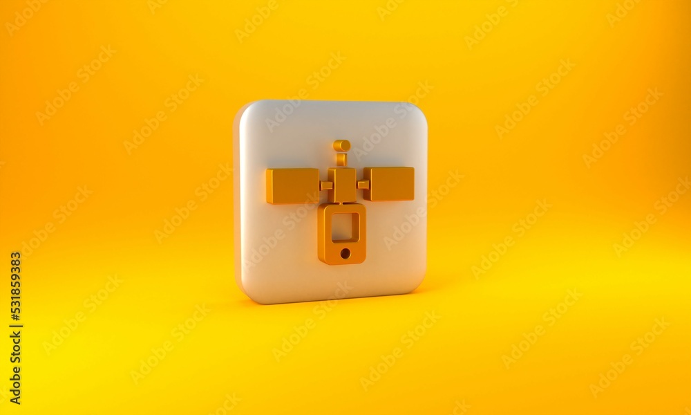 Gold Satellite icon isolated on yellow background. Silver square button. 3D render illustration