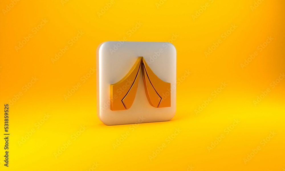 Gold Tourist tent icon isolated on yellow background. Camping symbol. Silver square button. 3D rende