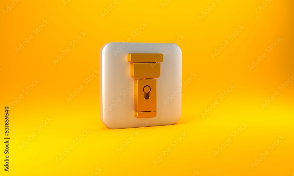 Gold Flashlight icon isolated on yellow background. Silver square button. 3D render illustration