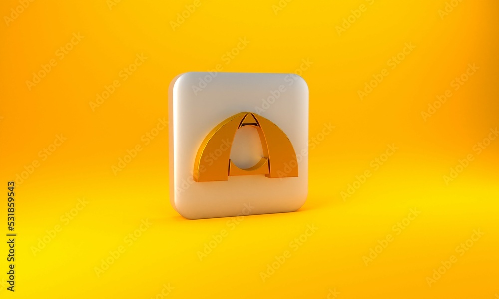 Gold Tourist tent icon isolated on yellow background. Camping symbol. Silver square button. 3D rende