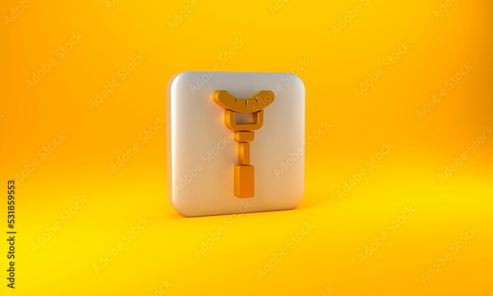 Gold Sausage on the fork icon isolated on yellow background. Grilled sausage and aroma sign. Silver 