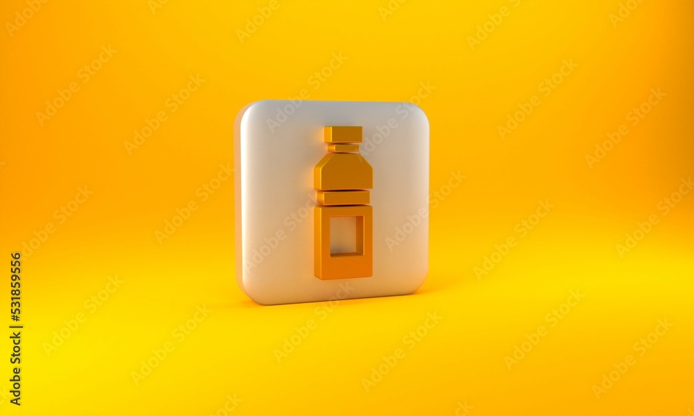 Gold Bottle of water icon isolated on yellow background. Soda aqua drink sign. Silver square button.