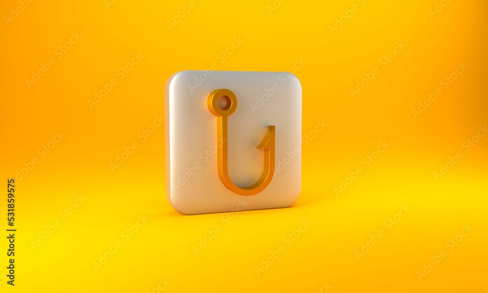 Gold Fishing hook icon isolated on yellow background. Fishing tackle. Silver square button. 3D rende