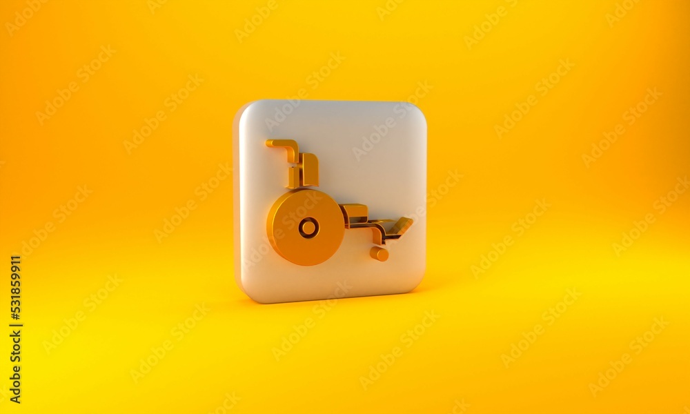 Gold Wheelchair for disabled person icon isolated on yellow background. Silver square button. 3D ren