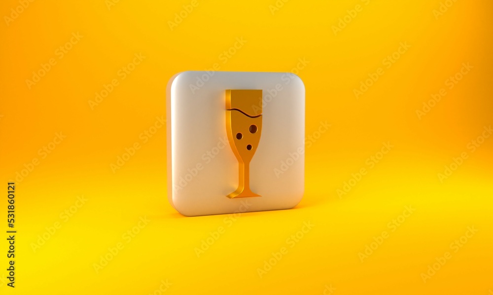 Gold Glass of champagne icon isolated on yellow background. Silver square button. 3D render illustra