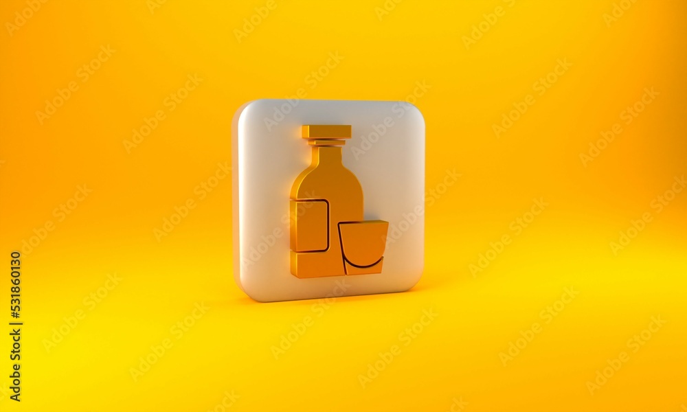 Gold Alcohol drink Rum bottle and glass icon isolated on yellow background. Silver square button. 3D