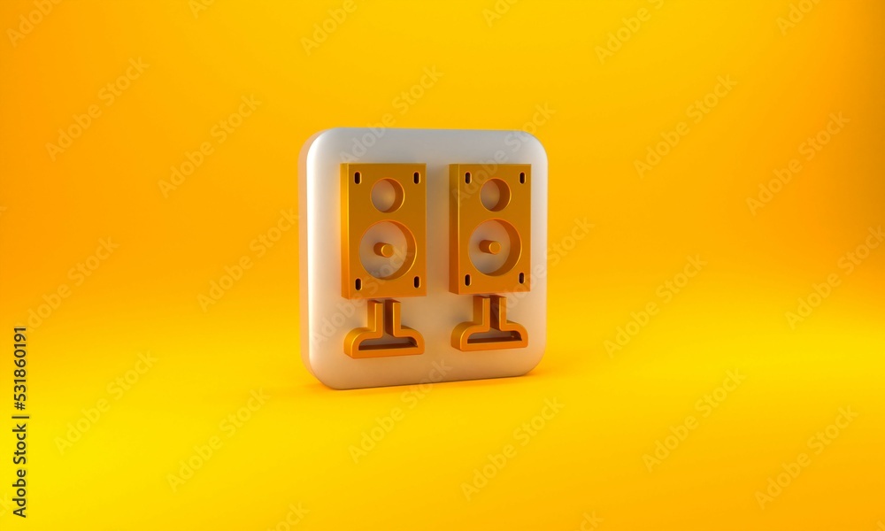 Gold Stereo speaker icon isolated on yellow background. Sound system speakers. Music icon. Musical c