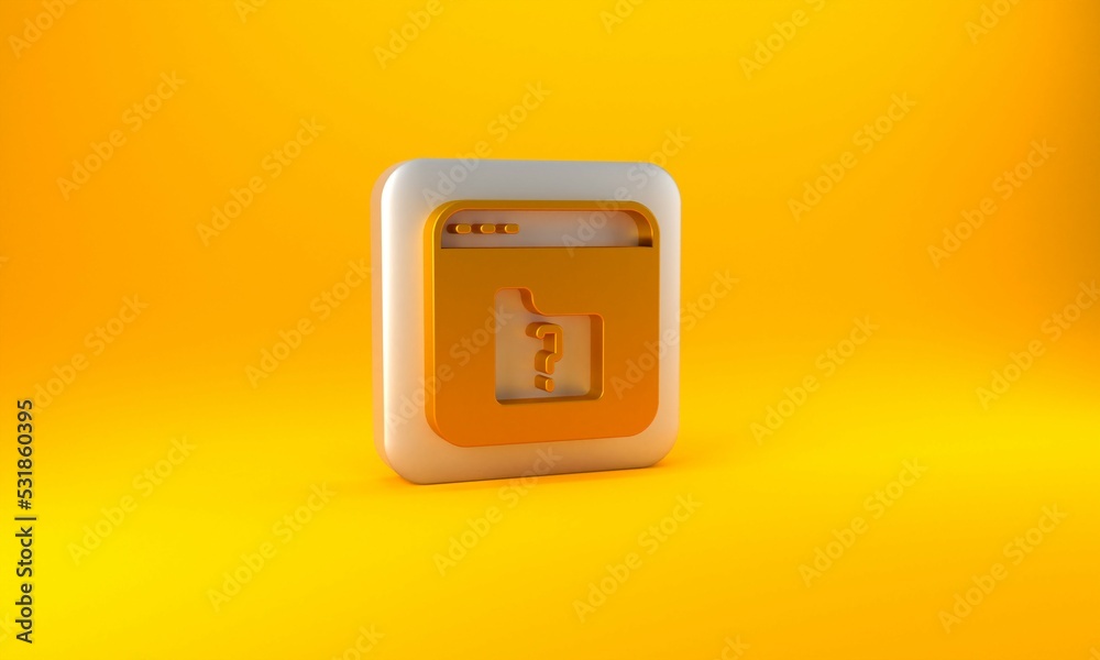 Gold File missing icon isolated on yellow background. Silver square button. 3D render illustration