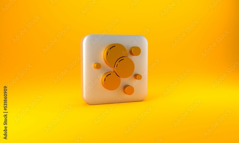 Gold Soap water bubbles icon isolated on yellow background. Silver square button. 3D render illustra