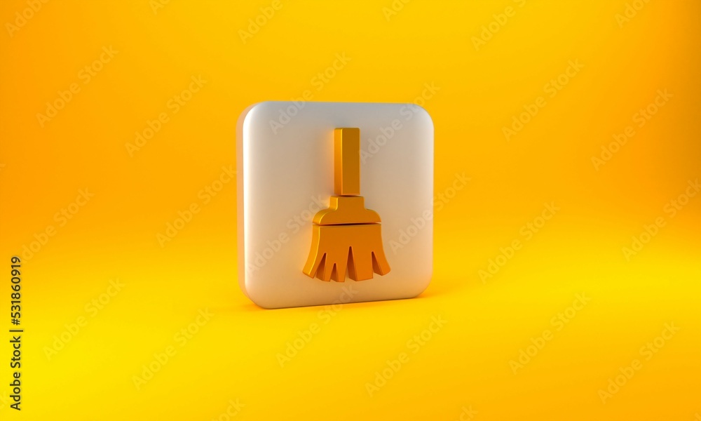 Gold Feather broom for cleaning icon isolated on yellow background. Feather duster. Silver square bu