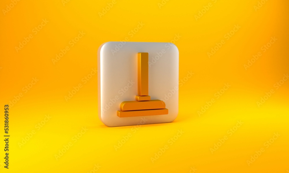 Gold Rubber plunger with wooden handle for pipe cleaning icon isolated on yellow background. Toilet 