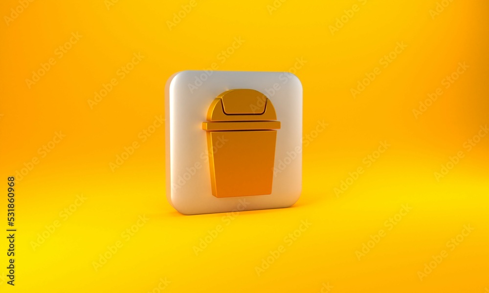 Gold Trash can icon isolated on yellow background. Garbage bin sign. Recycle basket icon. Office tra