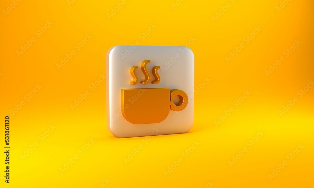 Gold Coffee cup icon isolated on yellow background. Tea cup. Hot drink coffee. Silver square button.