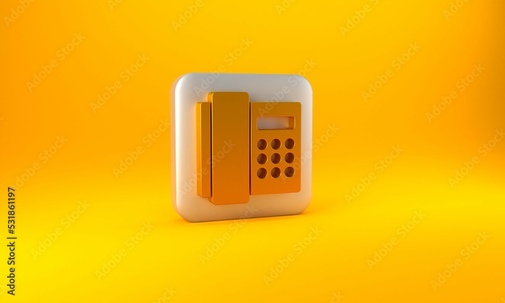 Gold Telephone handset icon isolated on yellow background. Phone sign. Silver square button. 3D rend