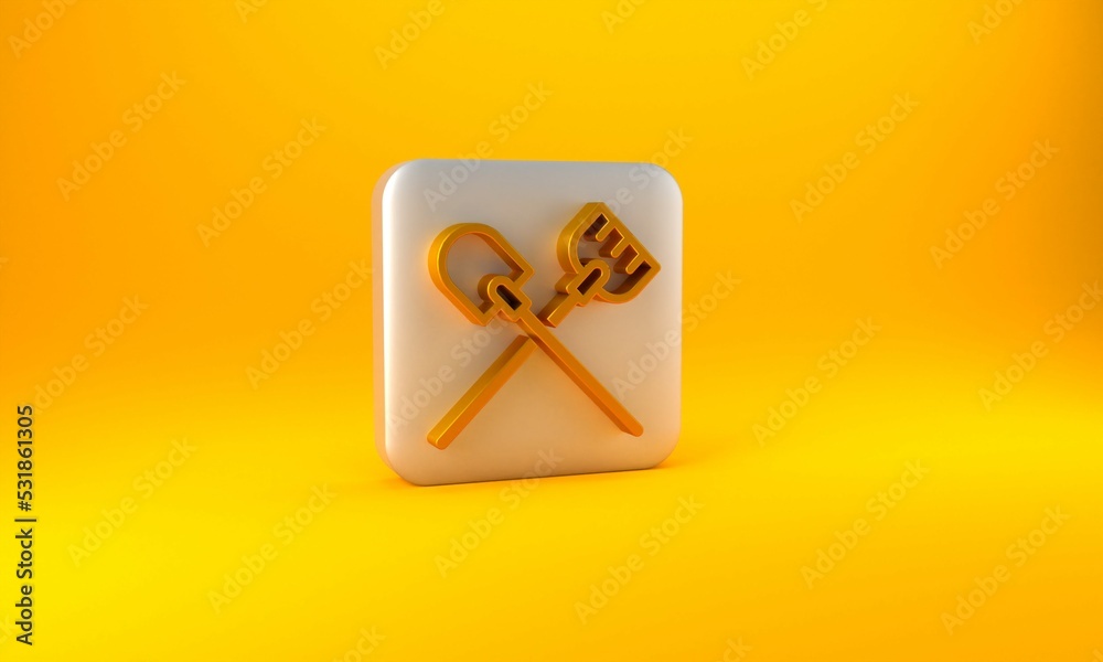 Gold Shovel icon isolated on yellow background. Gardening tool. Tool for horticulture, agriculture, 