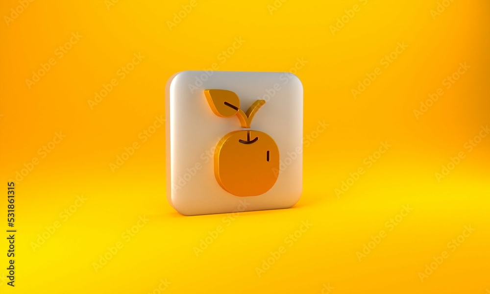 Gold Apple icon isolated on yellow background. Fruit with leaf symbol. Silver square button. 3D rend