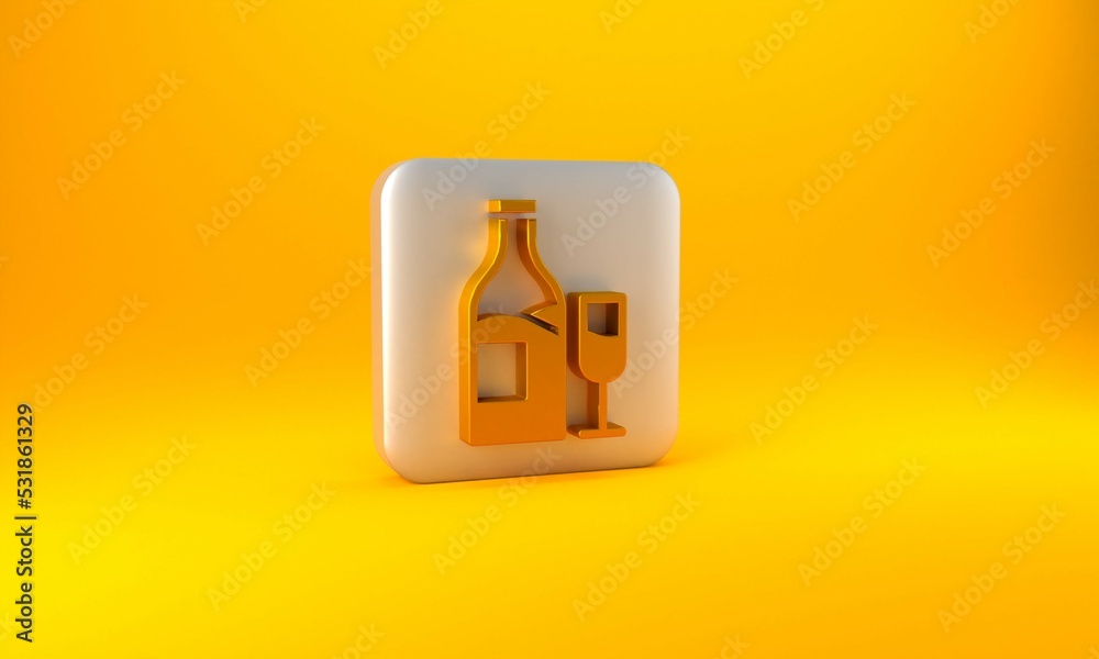 Gold Wine bottle with glass icon isolated on yellow background. Silver square button. 3D render illu