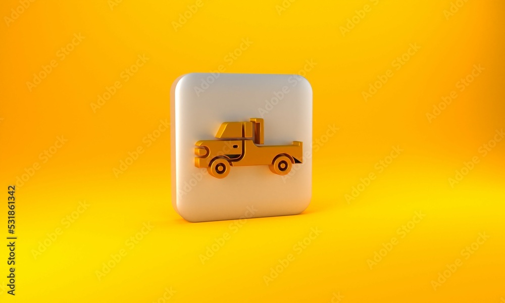 Gold Pickup truck icon isolated on yellow background. Silver square button. 3D render illustration