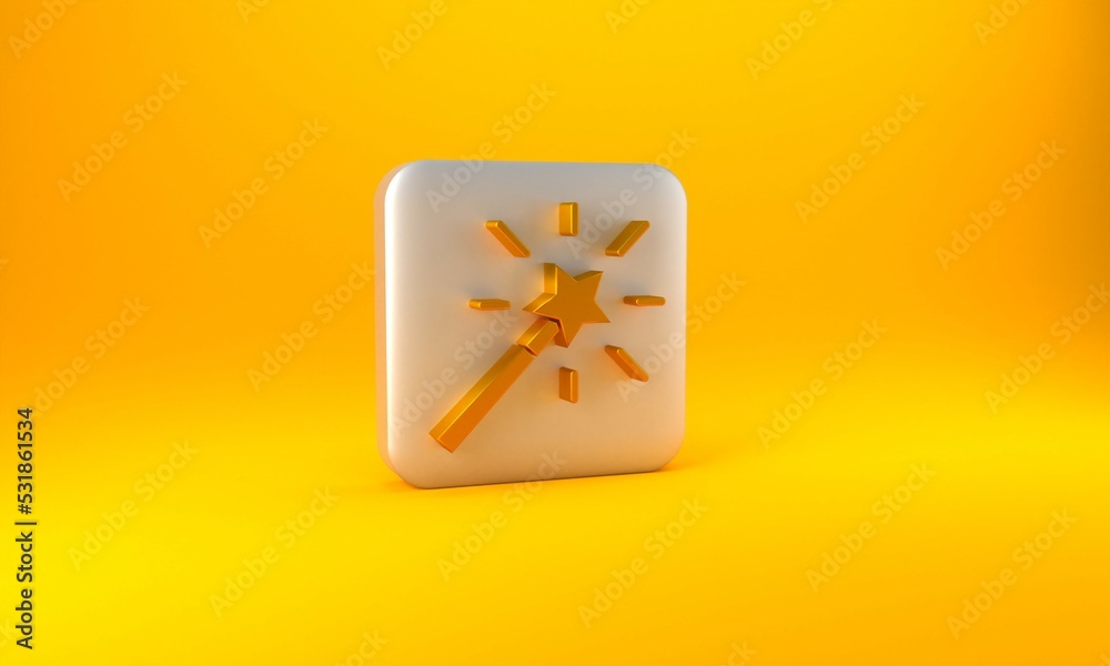 Gold Magic wand icon isolated on yellow background. Star shape magic accessory. Magical power. Silve