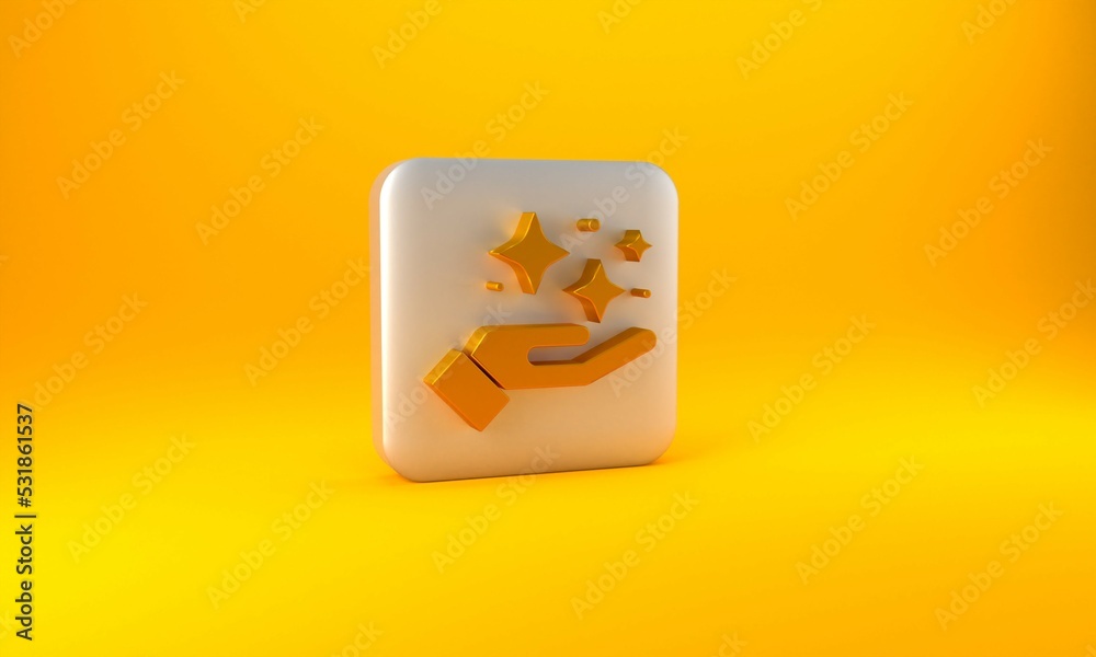 Gold Sparkle stars with magic trick icon isolated on yellow background. Magic christmas decoration. 