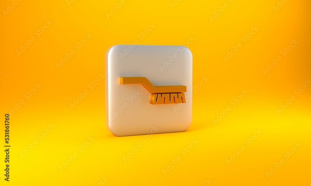 Gold Pool table brush icon isolated on yellow background. Biliard table brush. Silver square button.