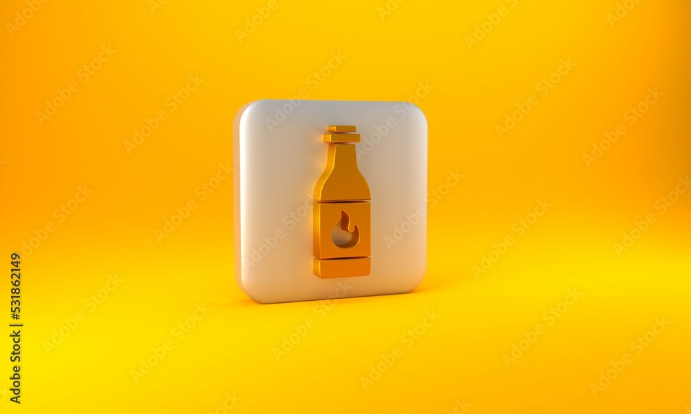 Gold Tabasco sauce icon isolated on yellow background. Chili cayenne spicy pepper sauce. Silver squa