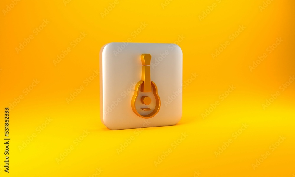 Gold Guitar icon isolated on yellow background. Acoustic guitar. String musical instrument. Silver s