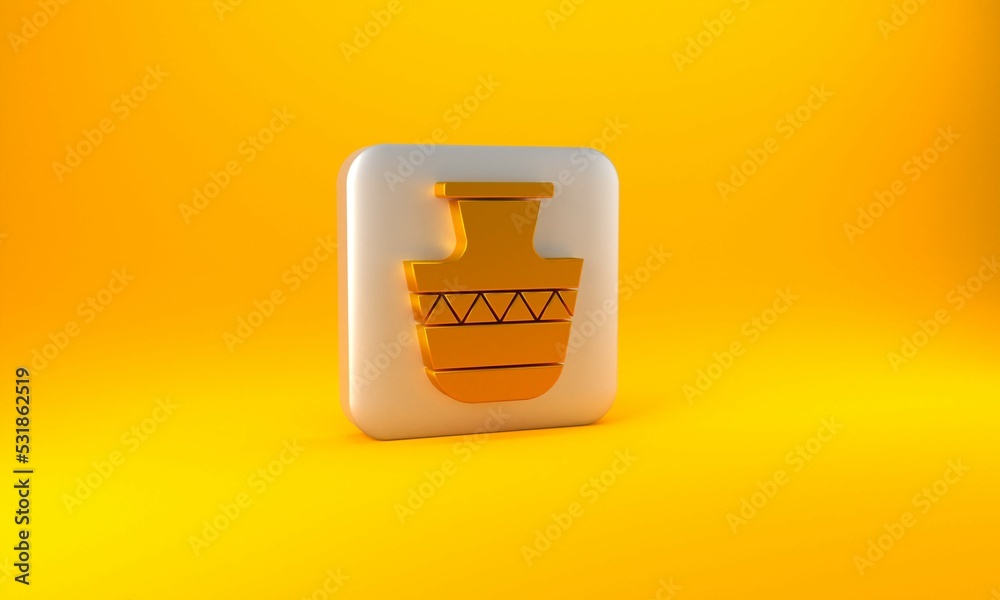 Gold Ancient amphorae icon isolated on yellow background. Silver square button. 3D render illustrati