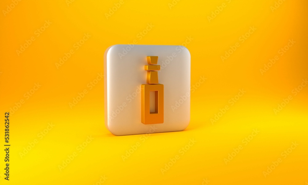 Gold Bottle of olive oil icon isolated on yellow background. Jug with olive oil icon. Silver square 