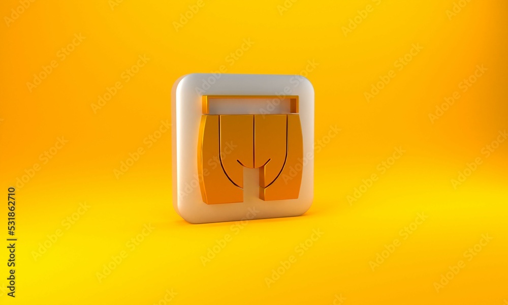 Gold Cycling shorts icon isolated on yellow background. Silver square button. 3D render illustration