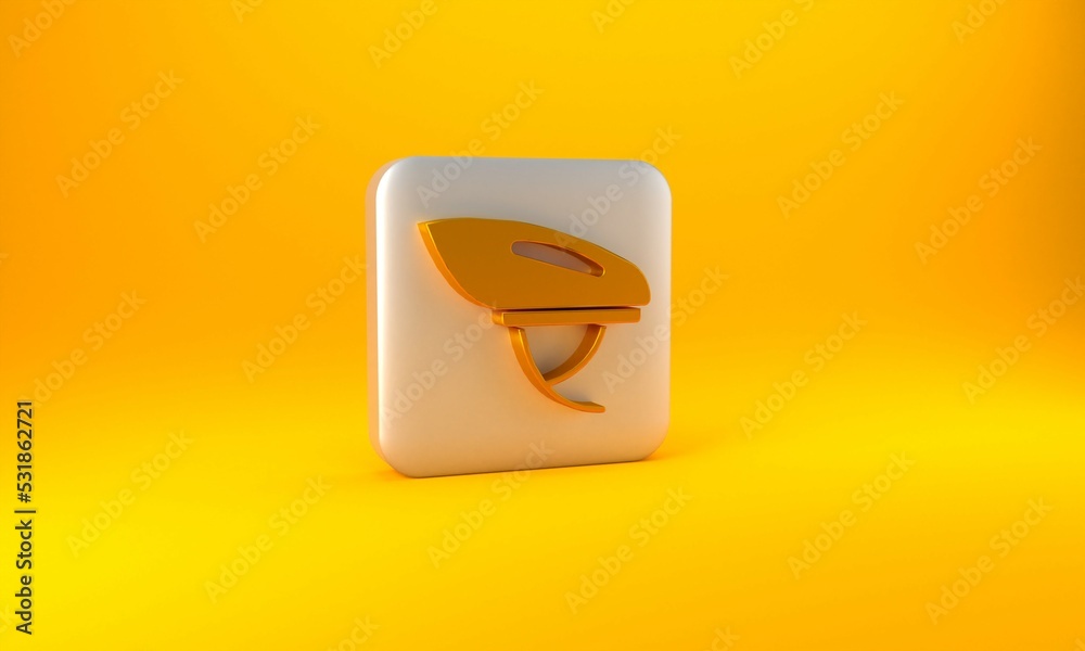 Gold Bicycle helmet icon isolated on yellow background. Extreme sport. Sport equipment. Silver squar