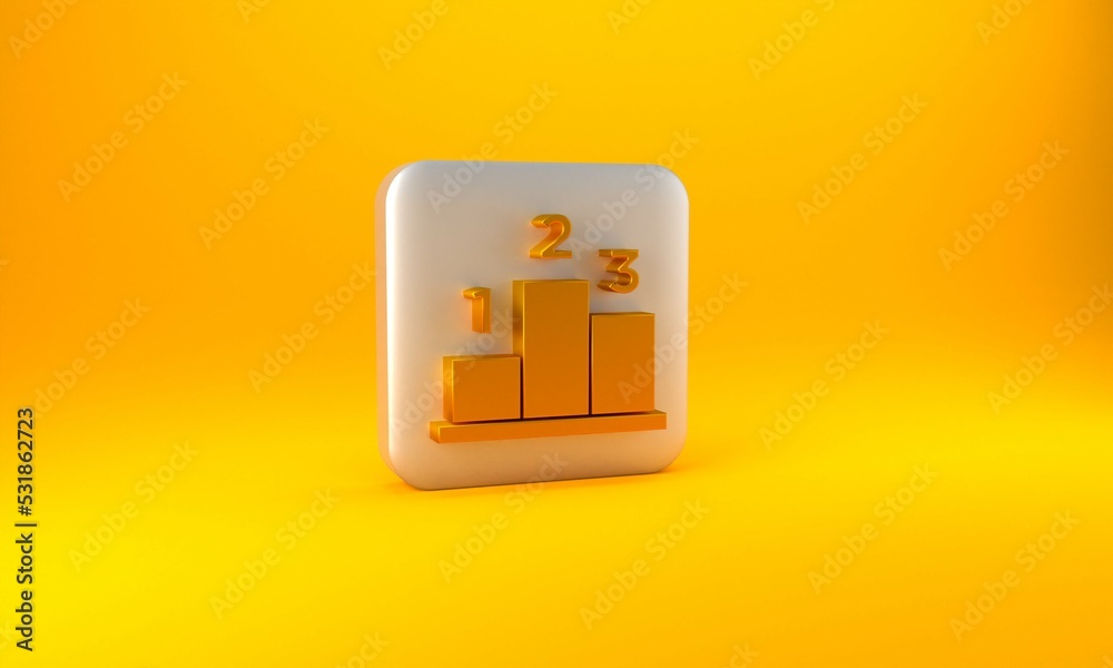 Gold Award over sports winner podium icon isolated on yellow background. Silver square button. 3D re