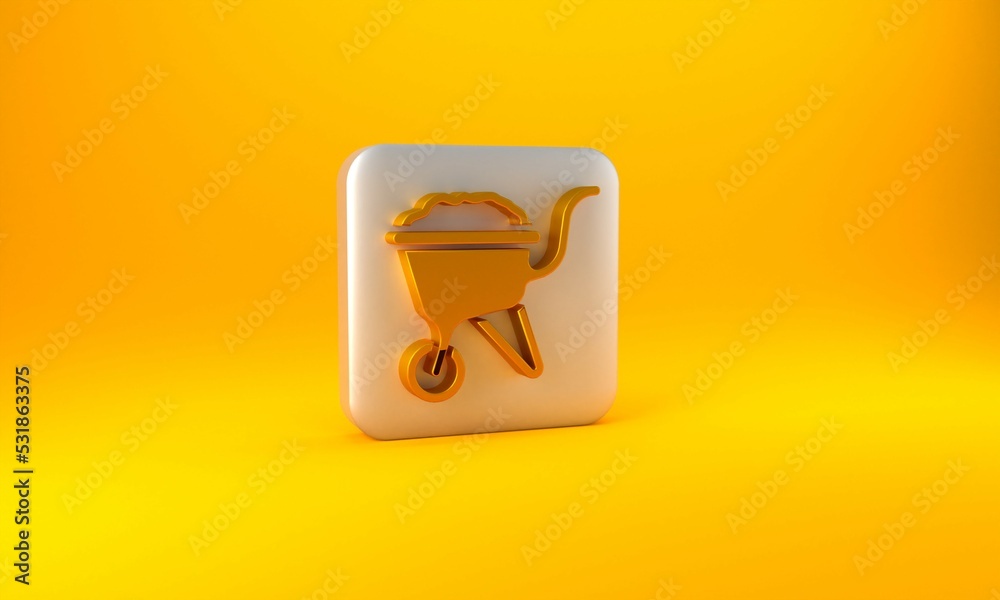 Gold Wheelbarrow with dirt icon isolated on yellow background. Tool equipment. Agriculture cart whee