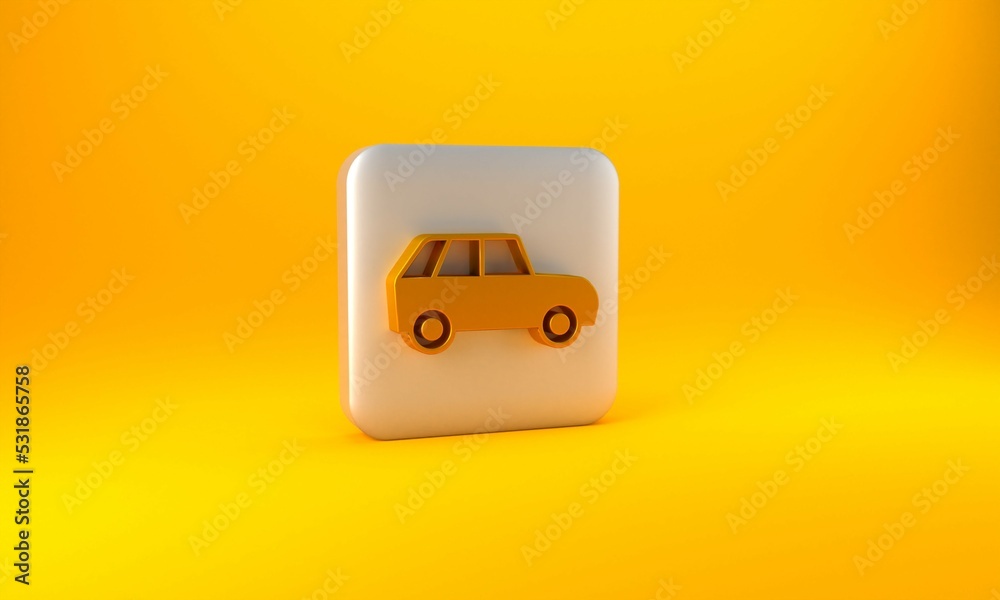 Gold Car icon isolated on yellow background. Silver square button. 3D render illustration