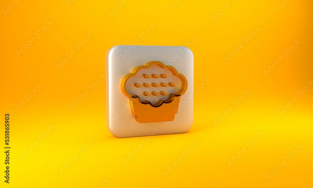 Gold Muffin icon isolated on yellow background. Silver square button. 3D render illustration