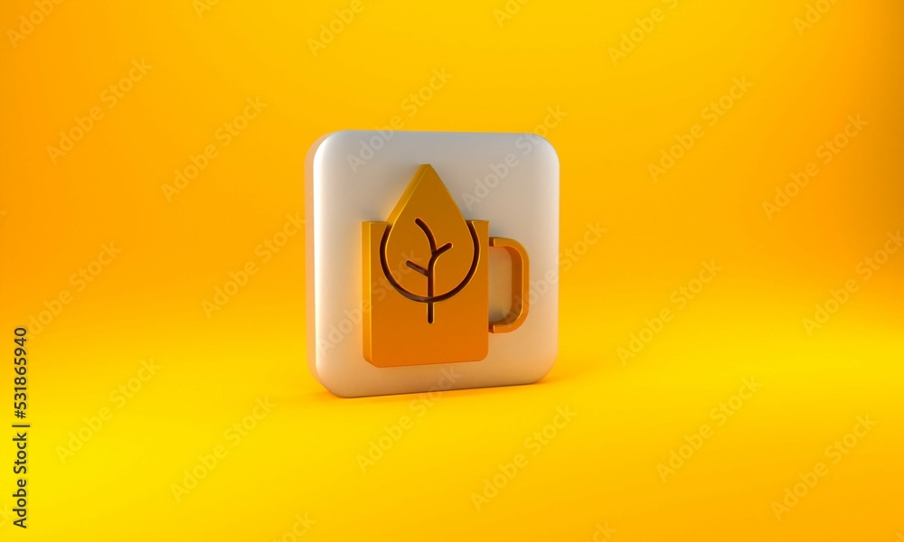 Gold Cup of tea with leaf icon isolated on yellow background. Sweet natural food. Silver square butt