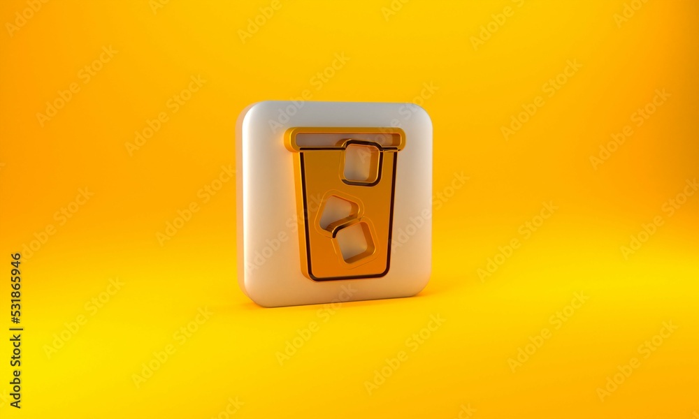 Gold Ice tea icon isolated on yellow background. Iced tea. Silver square button. 3D render illustrat